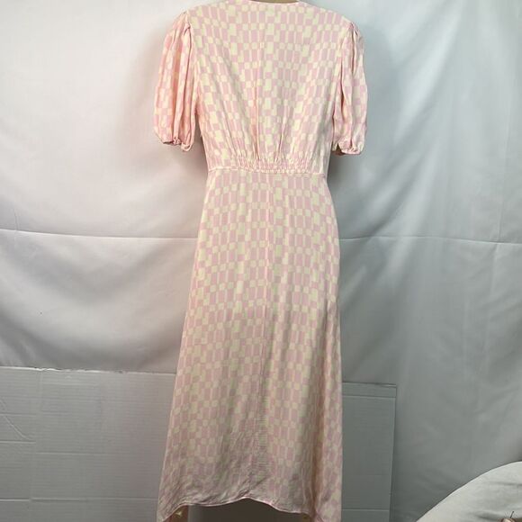 Club Monaco pink and cream check puff sleeve midi dress size 2 - Picture 9 of 12
